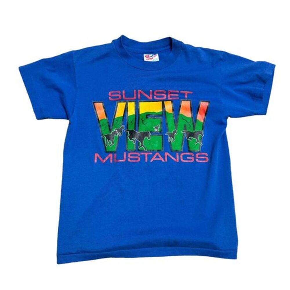 Sunset View Mustangs Youth Large Blue Vintage  Short Sleeve T Shirt Made in USA